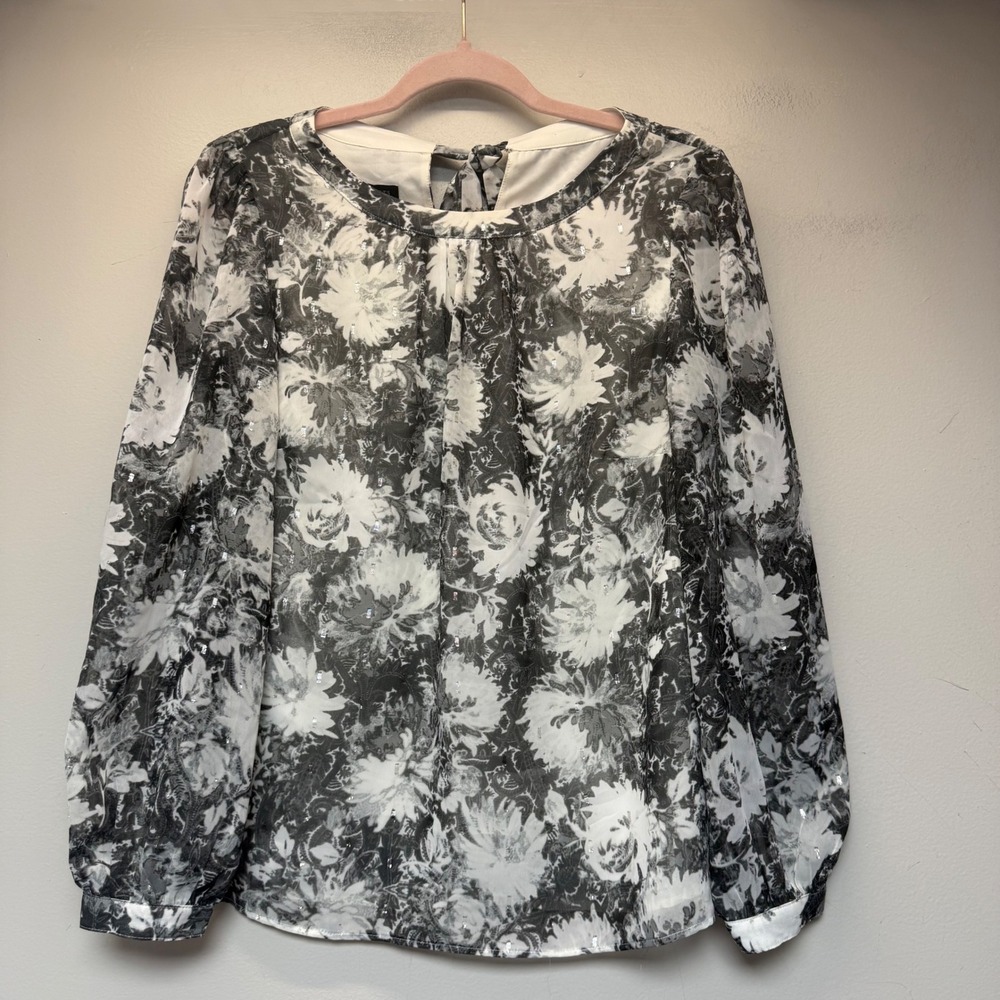 Talbots Floral Blouse Womens Small Black White Excellent Metallic Tie Neck Top